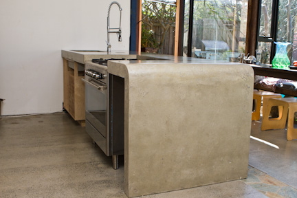 Concreate island bench, waterfall edge, concrete benchtop